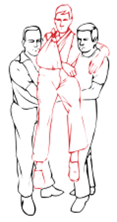 either to support an injured limb or as a backsupport for the casualty. It is decided which of the two helpers has
the free arm