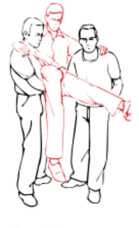 either to support an injured limb or as a backsupport for the casualty. It is decided which of the two helpers has
the free arm
