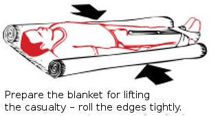 Prepare the blanket for lifting the casualty– roll the edges tightly.